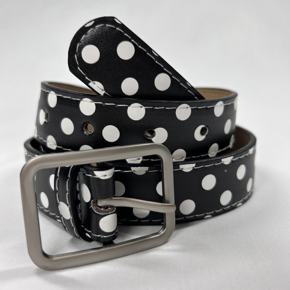 Vintage Retro Black and White Polka Dot Faux Leather Belt Silver Buckle